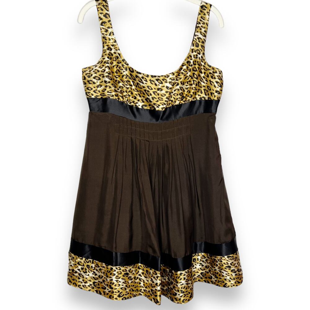 Vintage Y2K Kathryn Conover Silk Leopard, Brown Pleated Empire Waist Dress Sz 10